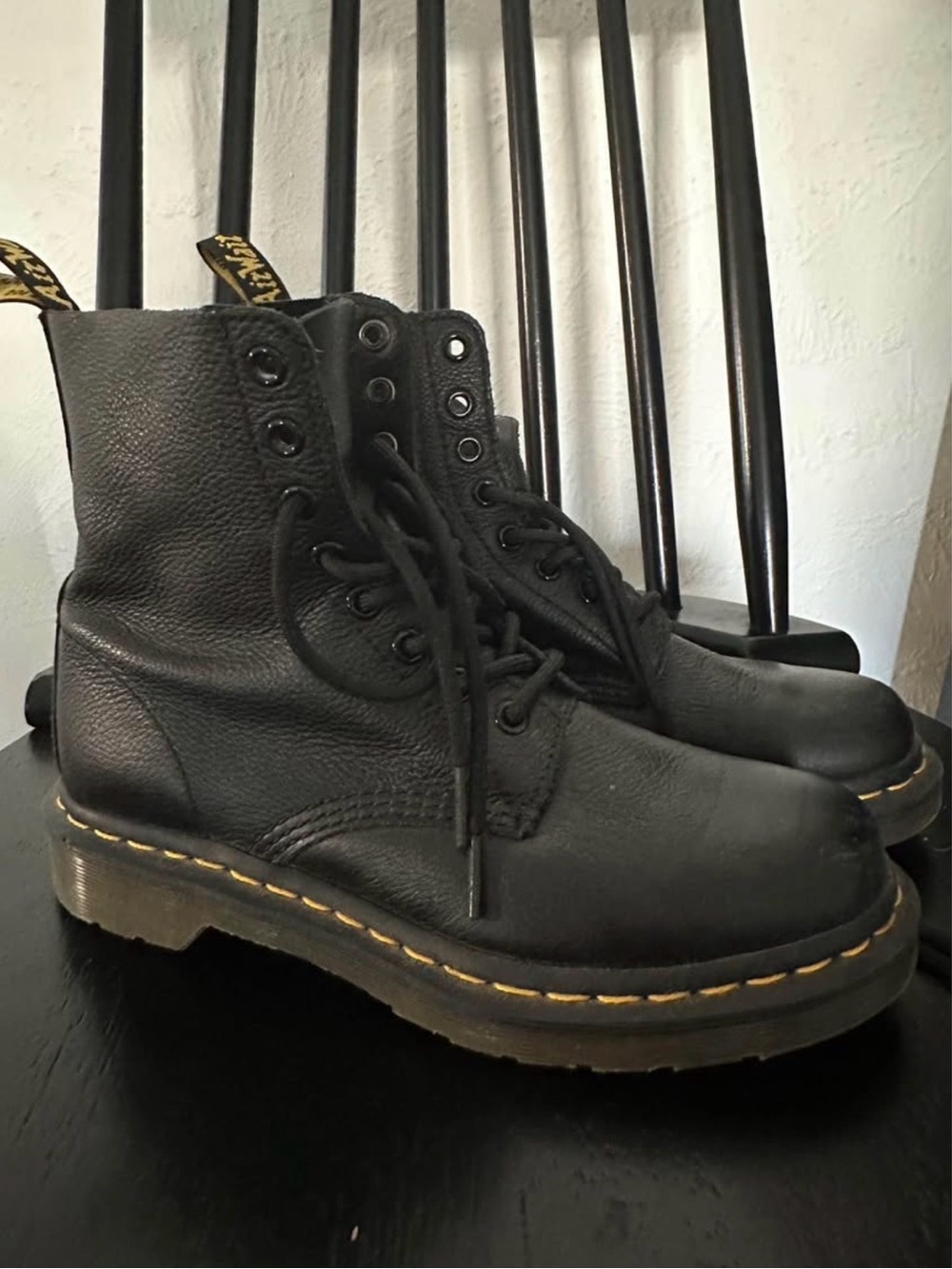 Dr. Martens Black Leather 8-Eye Lace-Up Boots with Yellow Stitching